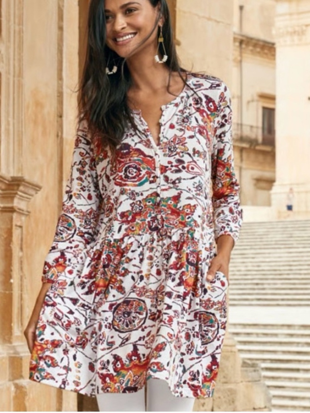 PERUVIAN CONNECTION Goa Long Sleeve Tunic Top in Paisley Floral Size Extra Large
